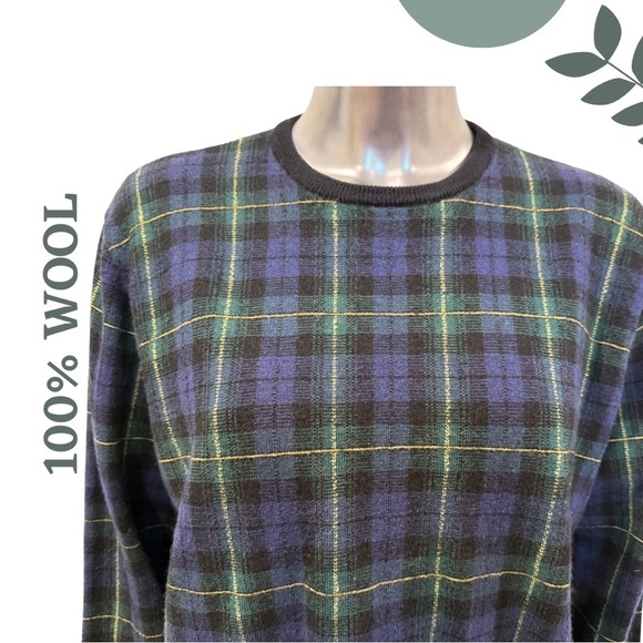 100% Wool Plaid Crewneck Sweater | Navy & Green | Classic Look | Size Large - Picture 5 of 8